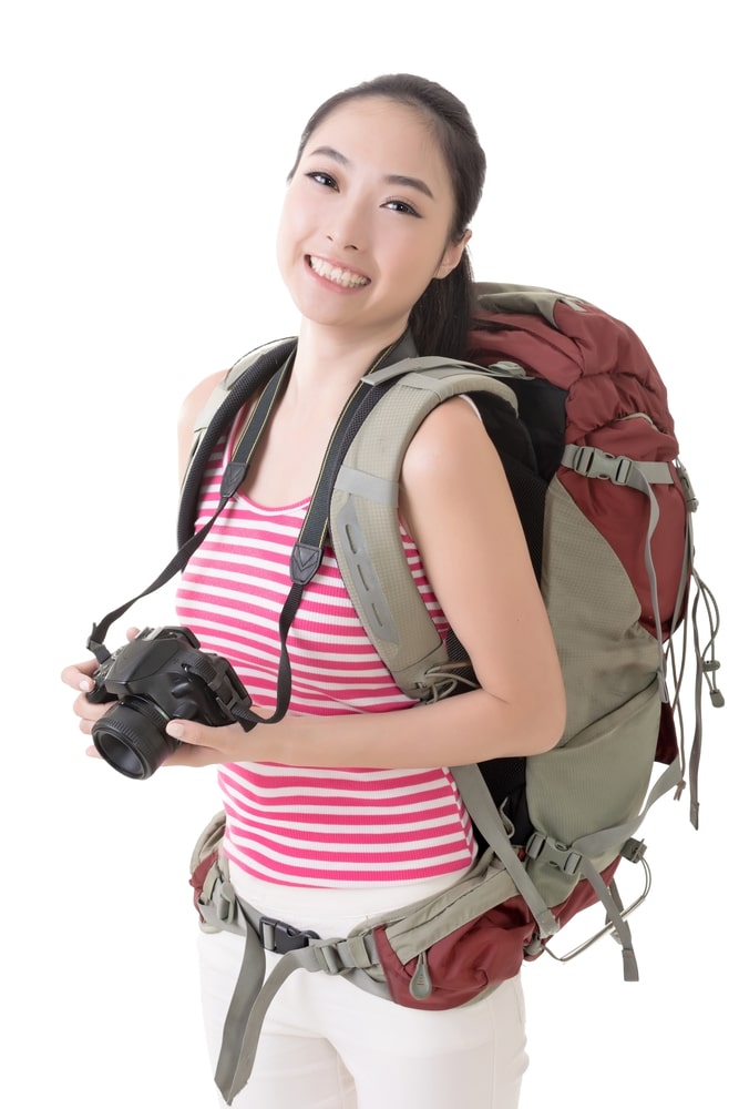 A smiling, traveling tourist.