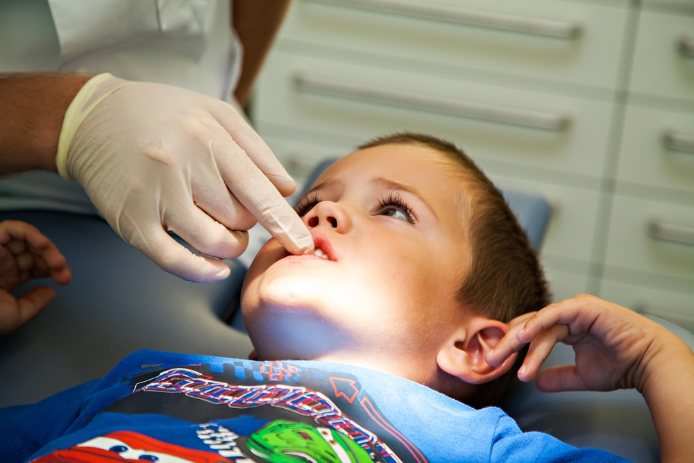 A child having his teeth examined by a dentist.