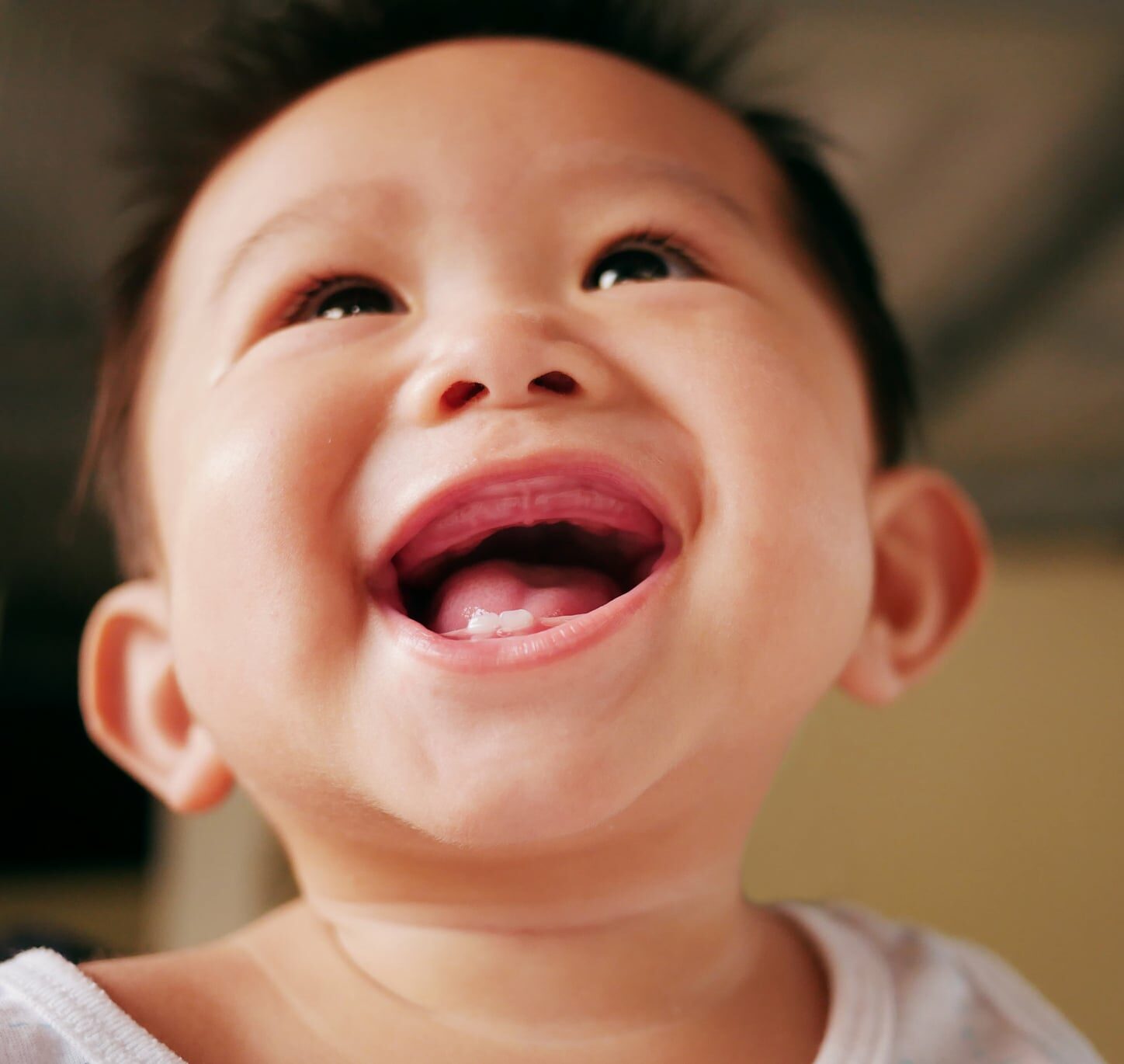 Asian baby smiling with two rises baby milk teeth. 